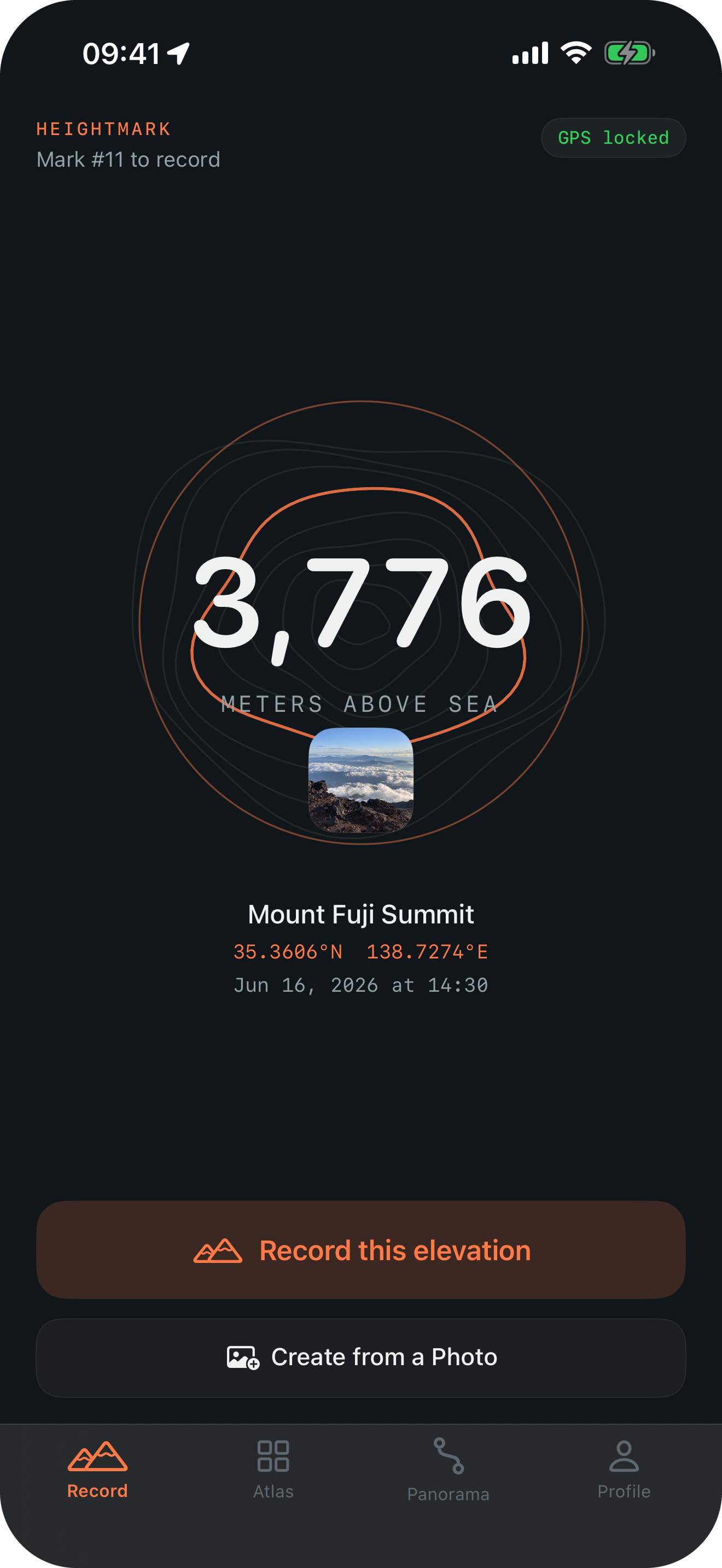 An example photo reveals 3,776 m and its original capture time. Sample image and record.