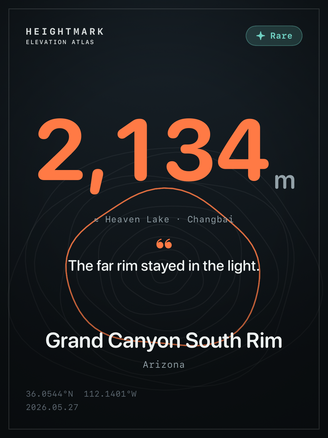 Heightmark contour card for Grand Canyon South Rim in Arizona at 2,134 meters