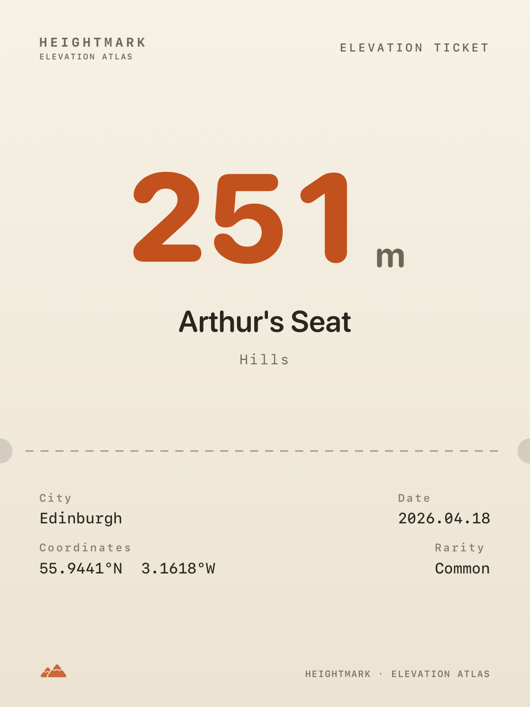 Heightmark field ticket for Arthur's Seat in Edinburgh at 251 meters