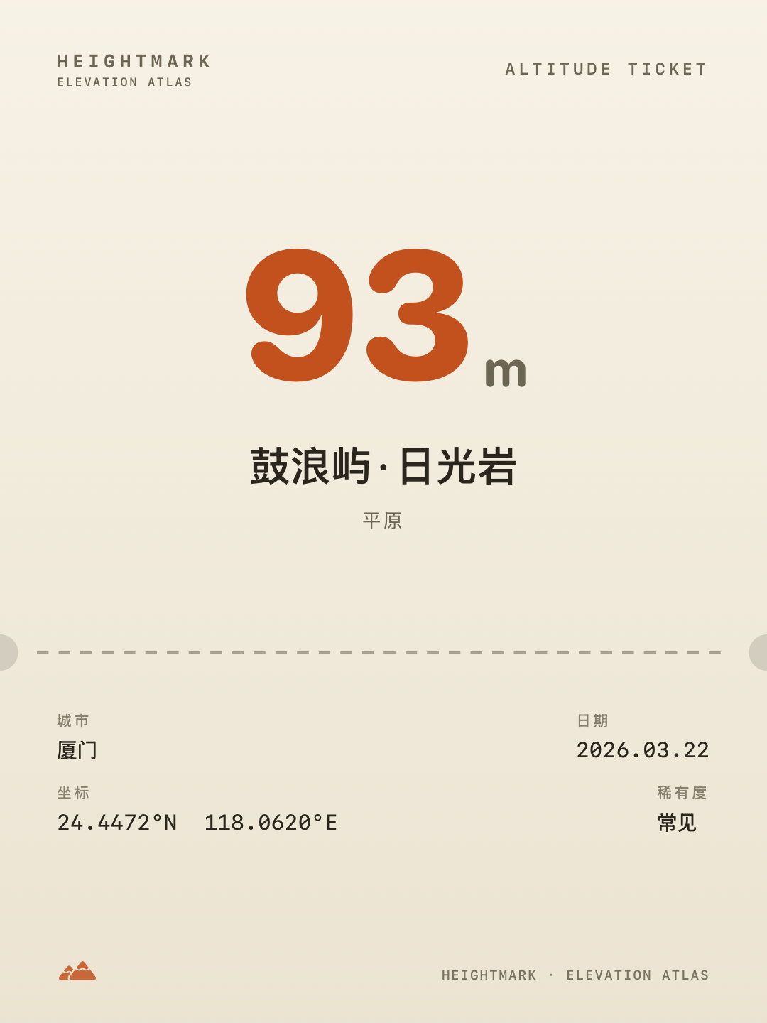 海拔集票根卡：厦门鼓浪屿日光岩，海拔 93 米